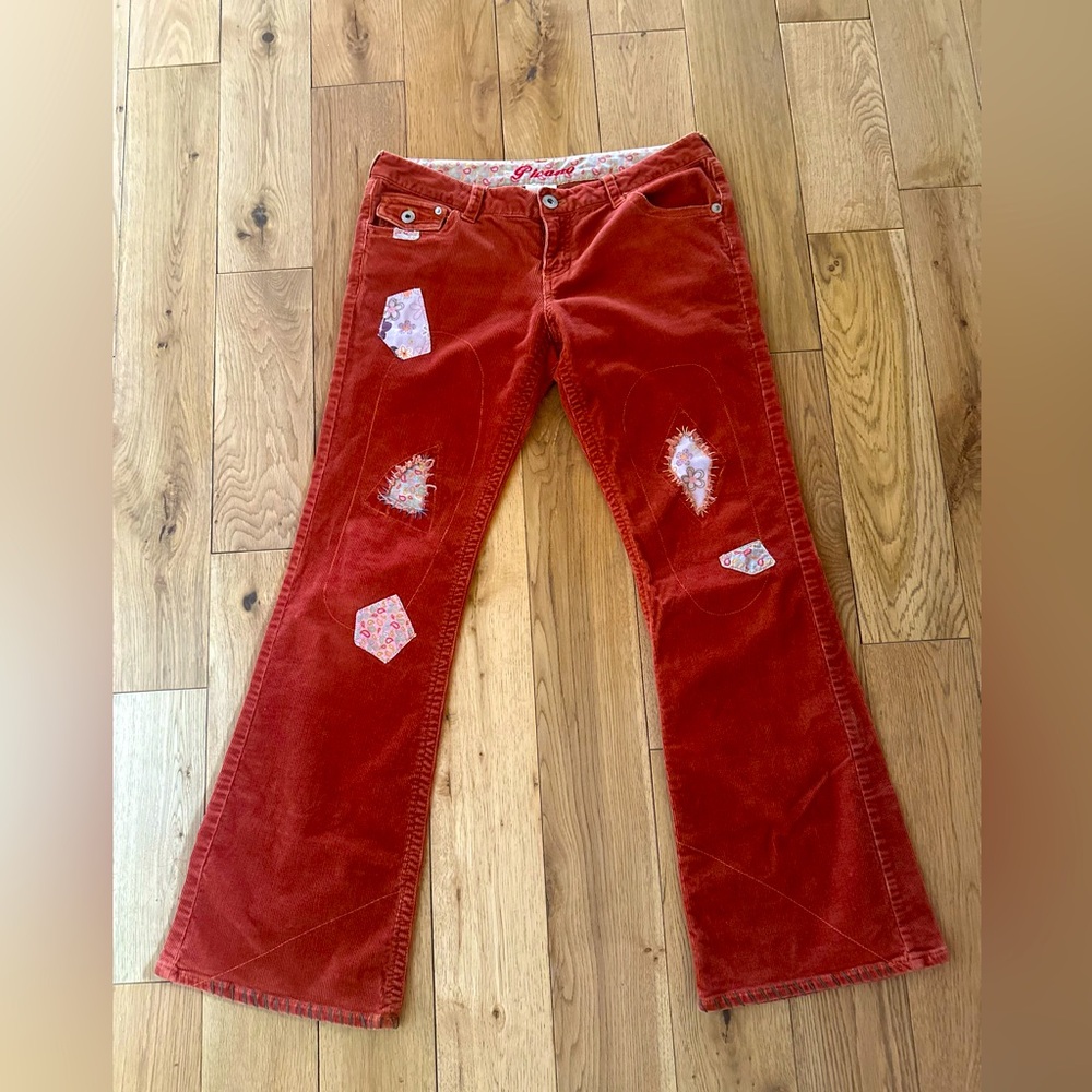 Vintage Y2K orange corduroy patchwork flare pants